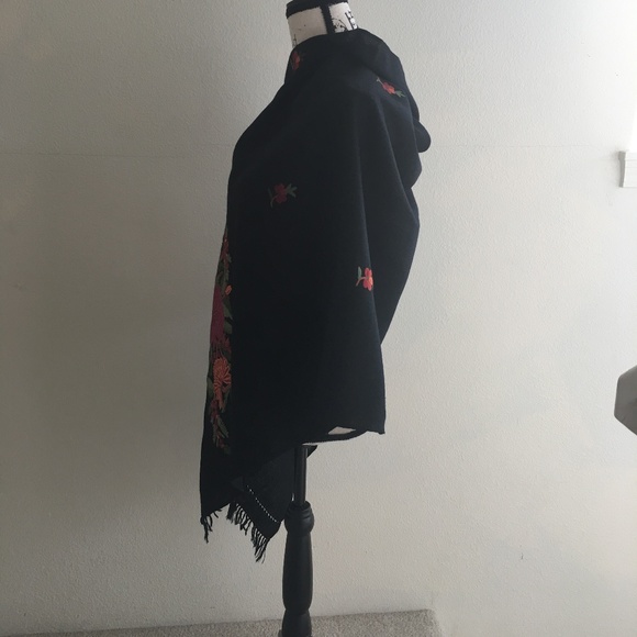 Black Wool Crepe Shawl in Colorful Embroidery - Picture 2 of 6